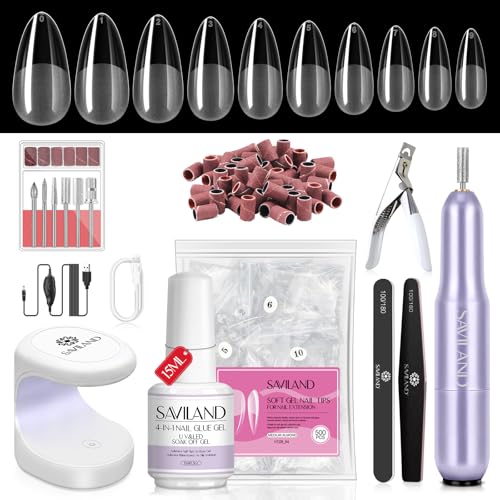 SAVILAND Almond Gel Nail Kit Nail Drill Kit U V Lamp for Nails 500PCS Almond Nail Tips Gel Nail X Kits Nail Glue Easy Use Manicure Tool Extension Set DIY At Home Salon Gift for Women